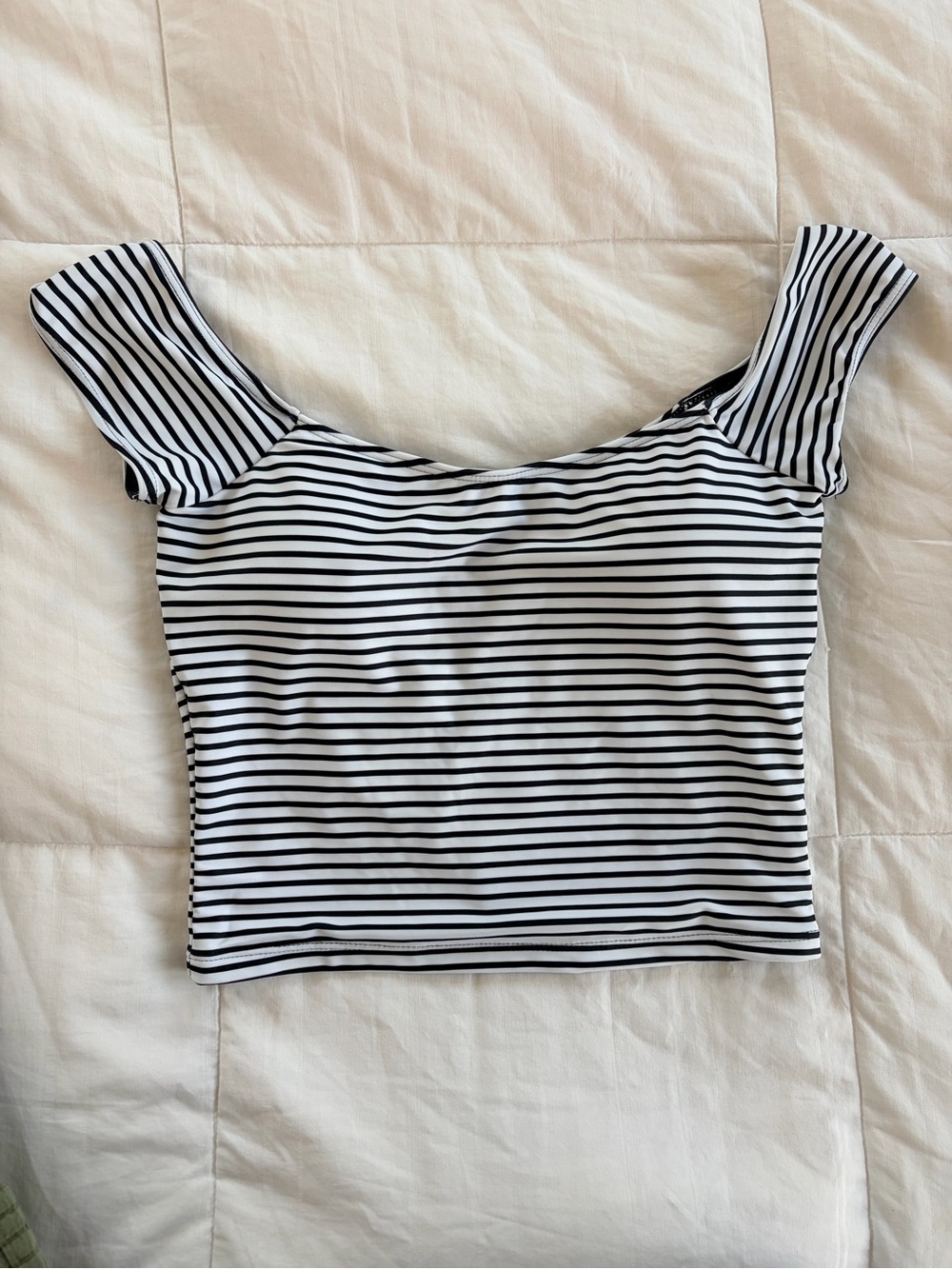 Striped Black & White Off-Shoulder Bikini Top